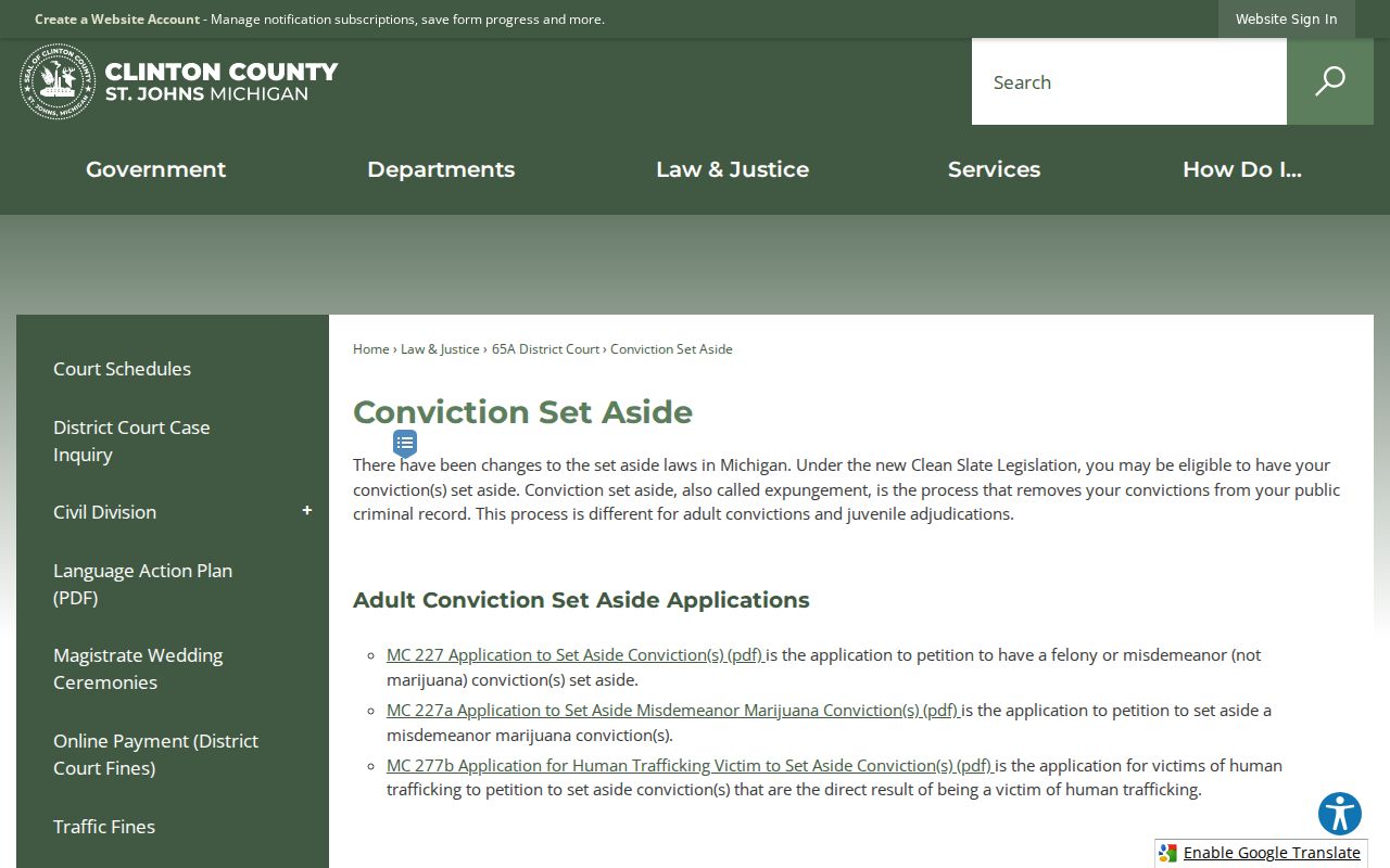 Clinton County arrest records and conviction set-aside process