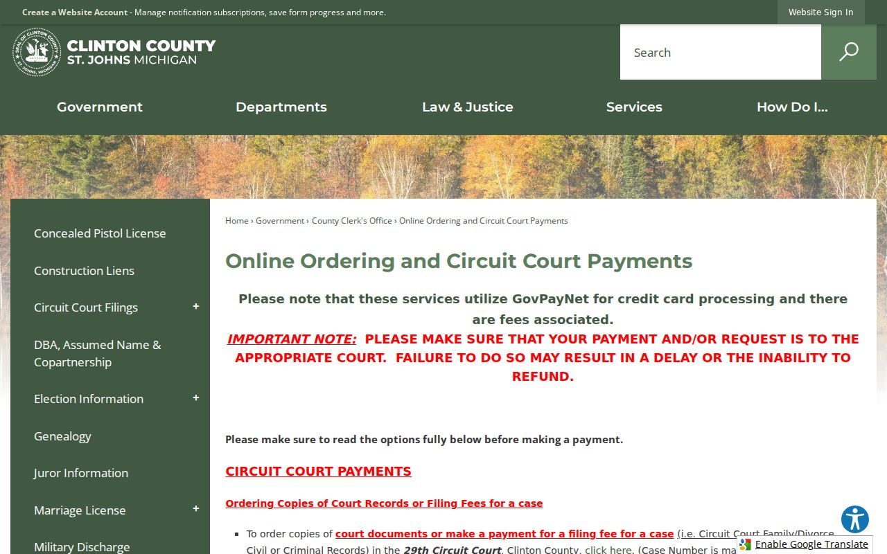 Online copy ordering for Clinton County criminal court cases
