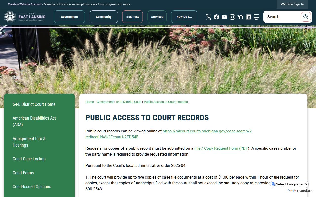 East Lansing criminal court records access instructions for 54B District Court