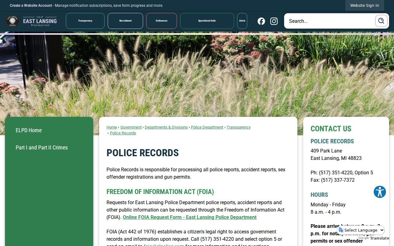 East Lansing criminal records request page for police reports